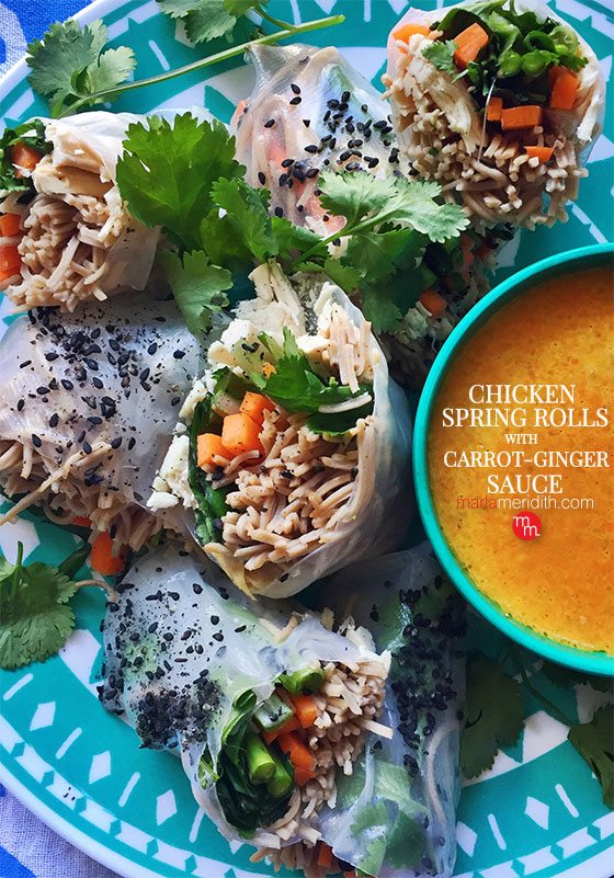 Chicken Spring Rolls with Carrot-Ginger Sauce recipe. So easy & super healthy, sure to be a hit with your family! MarlaMeridith.com ( @marlameridith )