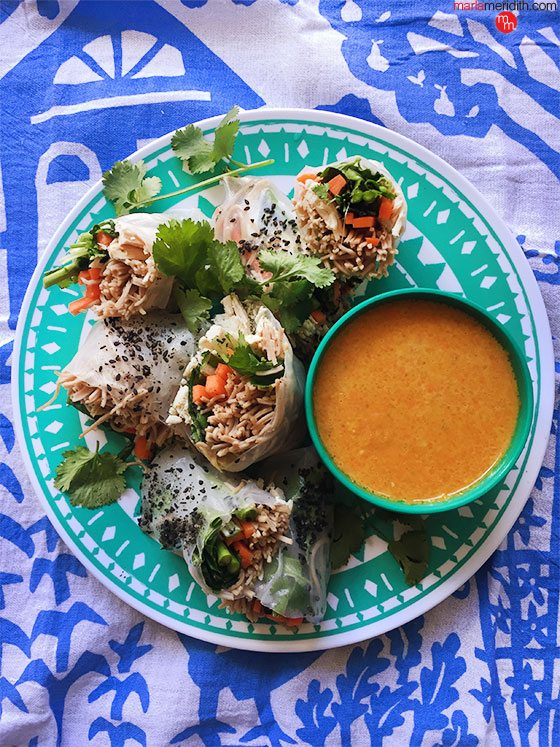 Skip the take-out! Try these delicious Chicken Spring Rolls with Carrot-Ginger Sauce, an easy recipe your whole family will love! MarlaMeridith.com