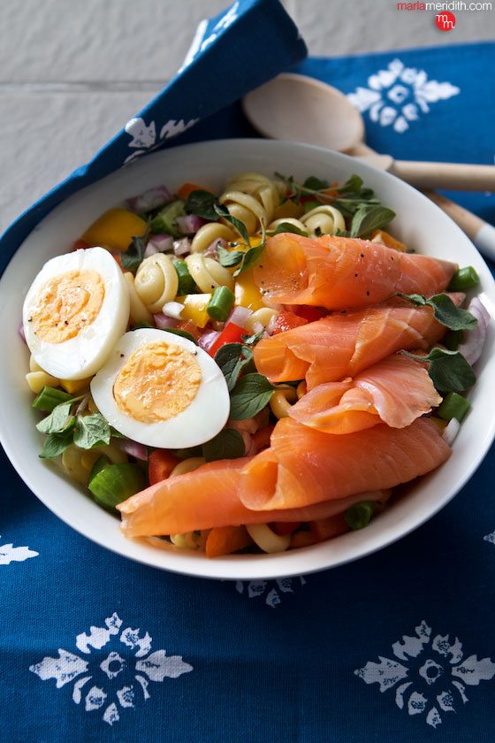 Spring Pasta Salad with Veggies, Egg & Smoked Salmon is so great for summer lunches! Get the recipe on MarlaMeridith.com