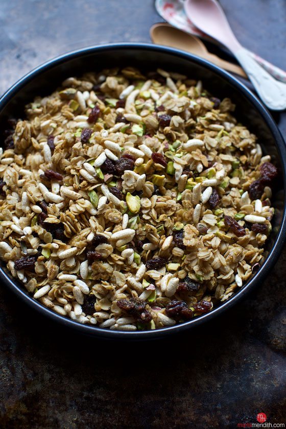 Pistachio Granola is a healthy, protein packed vegan and gluten free recipe that is great for breakfast, brunch and snacks. MarlaMeridith.com