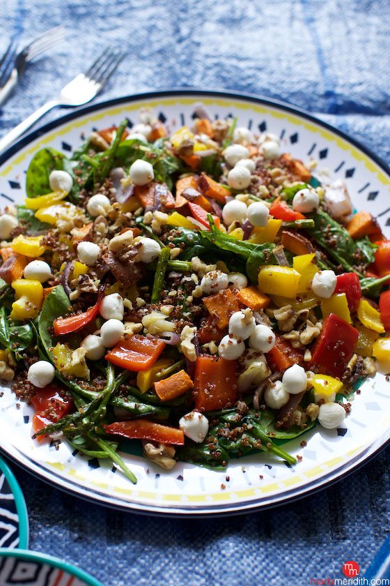 ROASTED VEGGIES AND QUINOA SALAD W /CILANTRO LIME DRESSING. This wholesome #meatlessmonday dish is filled with summers best produce! MarlaMeridith.com ( @marlameridith )