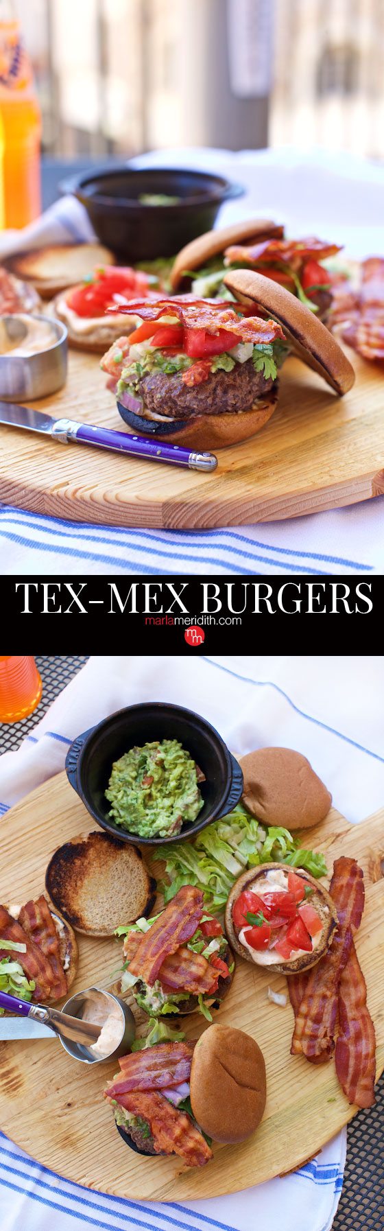 TEX-MEX BURGERS with all the fixings! Guacamole, crispy bacon, fresh pico de gallo and lemon chipotle mayo. MarlaMeridith.com ( @marlameridith )