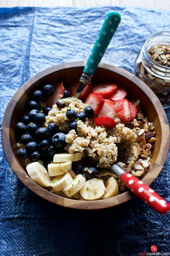 Skip the bowl of oatmeal and try these delicious, gluten free, super healthy Quinoa Breakfast bowls! Get the recipe on MarlaMeridith.com