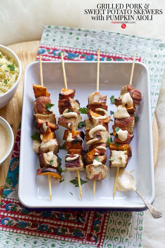 Grilled Pork & Sweet Potato Skewers with Pumpkin Aioli recipe