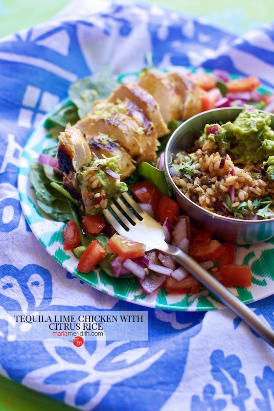 Tequila Lime Chicken with Citrus Rice recipe. A well balanced, super delicious meal! MarlaMeridith.com @marlameridith