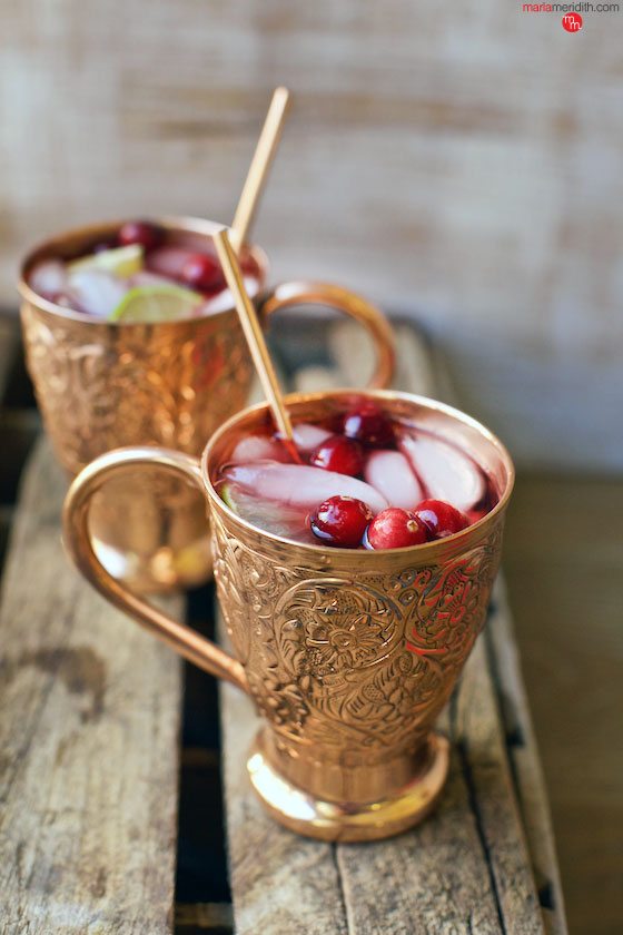 Cranberries are a favorite berry here all year round. It’s tartness tastes oh so pretty paired with the ginger beer in this Moscow Mule Cocktail.