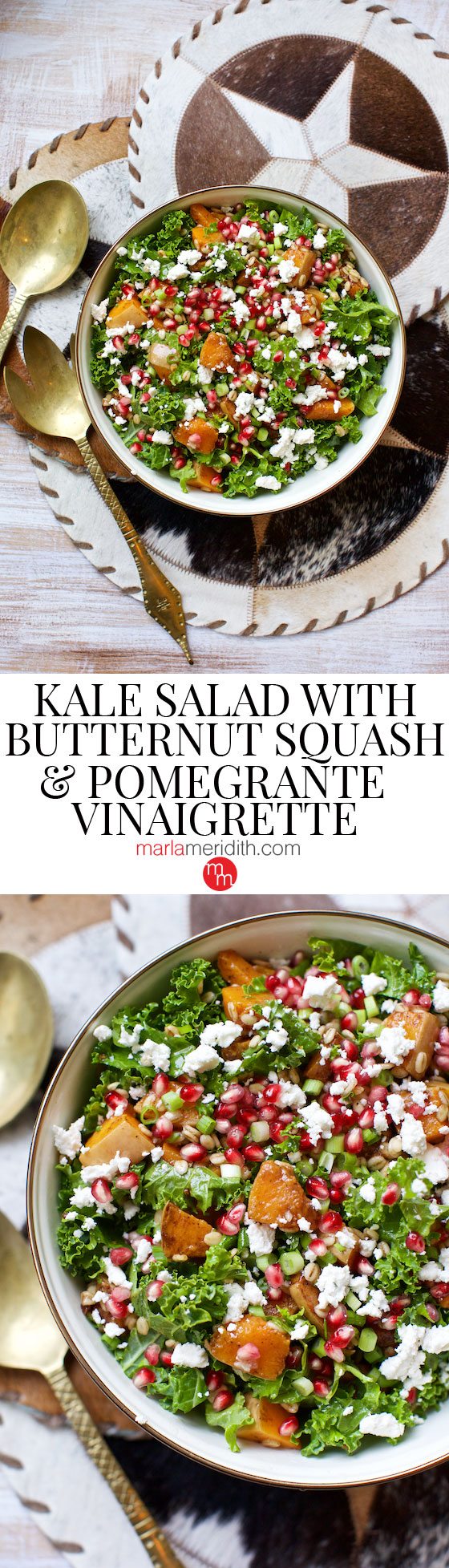 Kale Salad with Butternut Squash & Pomegranate Vinaigrette, the perfect accompaniment to your holiday feast! MarlaMeridith.com ( @marlameridith ) #recipe