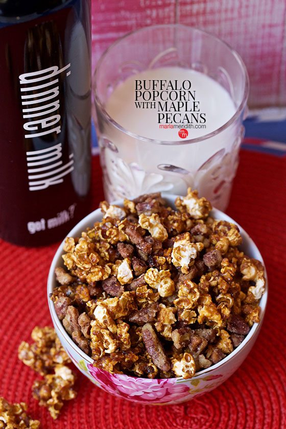 Buffalo Popcorn with Maple Pecans. A sweet + salty snack. MarlaMeridith.com ( @marlameridith )