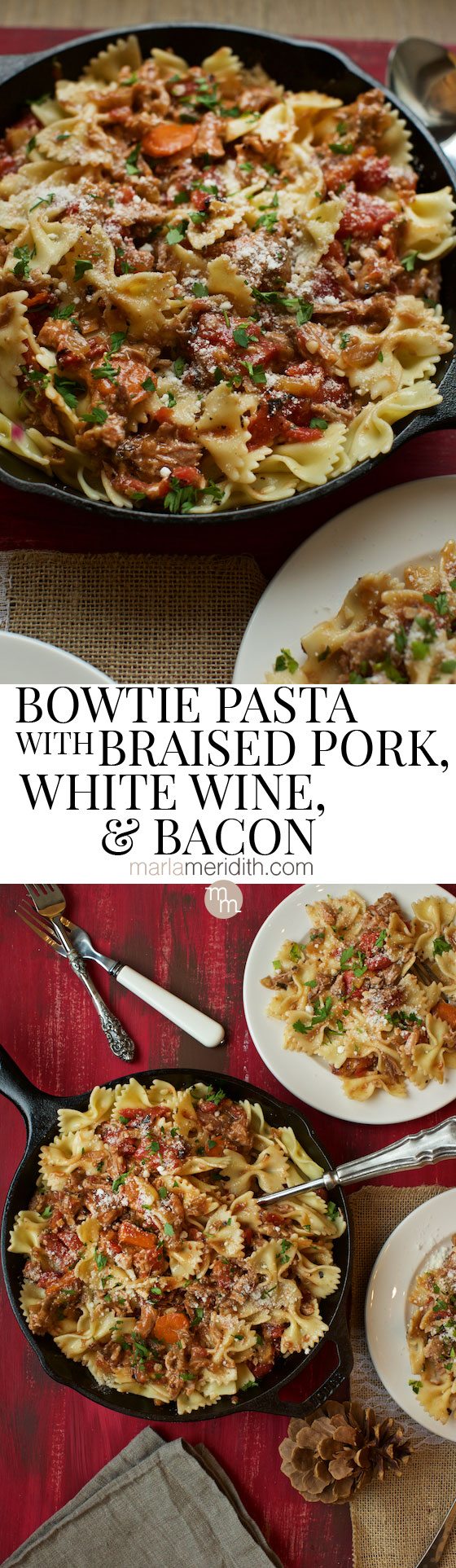 Bow Tie Pasta with Braised Pork, White Wine and Bacon recipe @PorkBeInspired #porkbeinspired on MarlaMeridith.com ( @marlameridith )