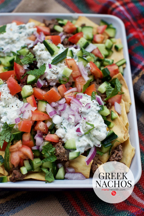These Greek Nachos are the perfect dish for parties! MarlaMeridith.com #recipe #nachos