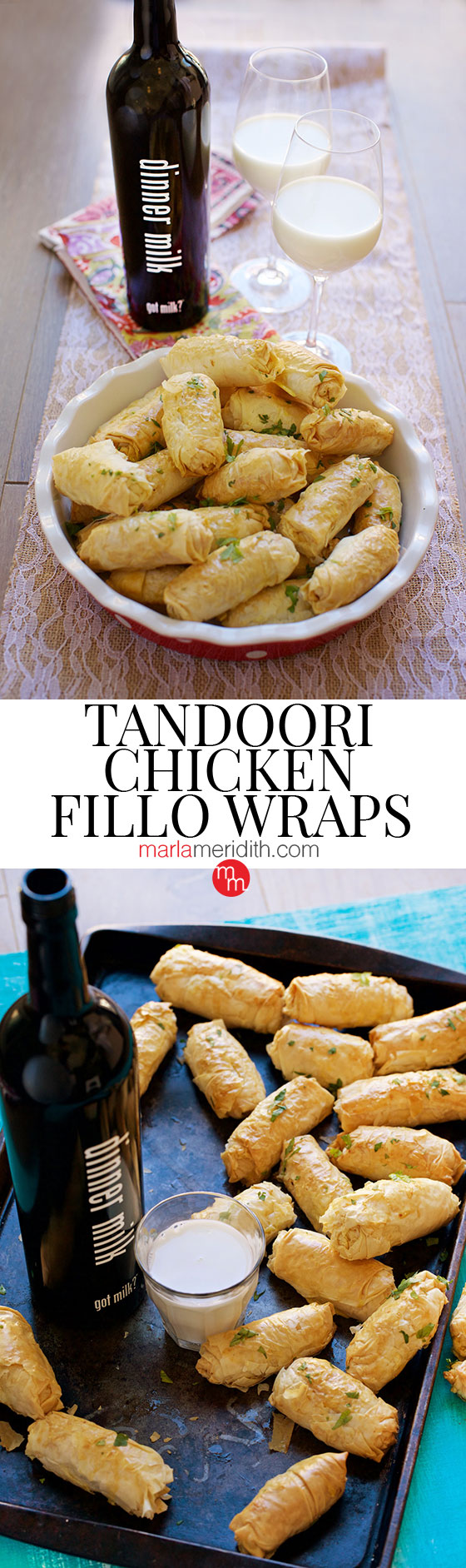 Tandoori Chicken Fillo Wraps recipe, a delicious appetizer for Super Bowl parties and any entertaining! MarlaMeridith.com ( @marlameridith )