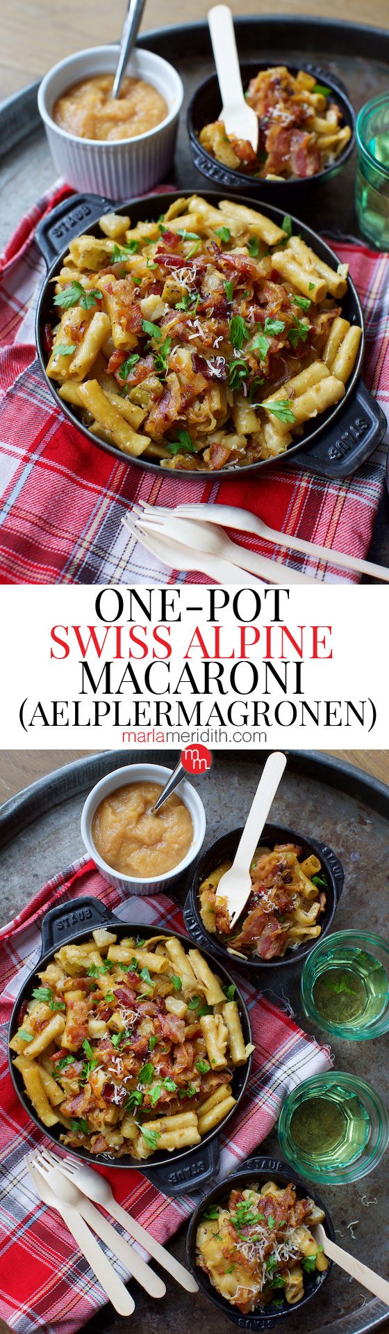 One-Pot Swiss Alpine Macaroni (Aelplermagronen) recipe. Mountain comfort food. Great for apres ski! MarlaMeridith.com ( @marlameridith )