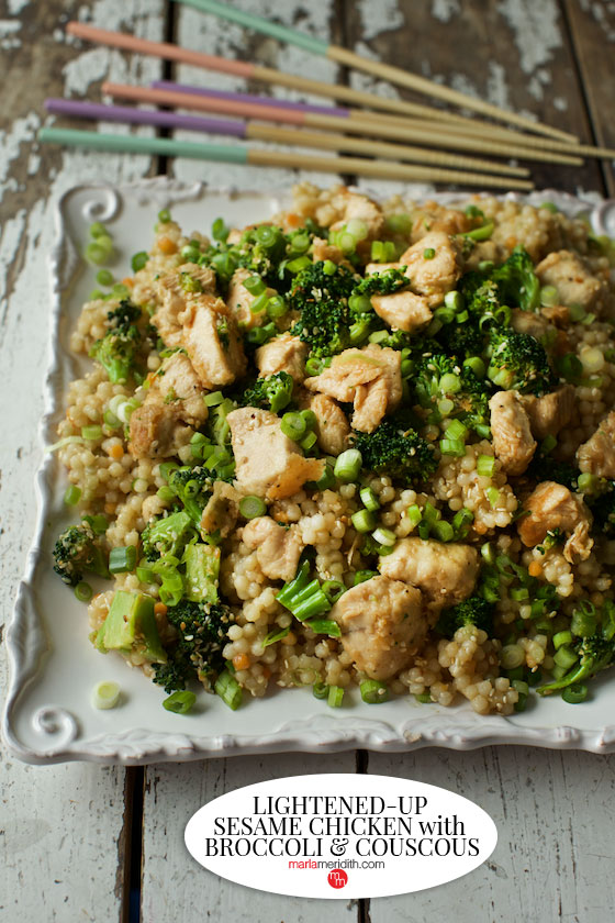 No need for take out when you can quickly cook up this Lightened-Up Sesame Chicken recipe! MarlaMeridith.com