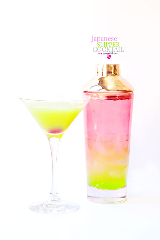 Japanese Slipper Cocktail recipe, fun for spring, summer, Easter and St. Patrick's Day! MarlaMeridith.com #cocktail #recipe