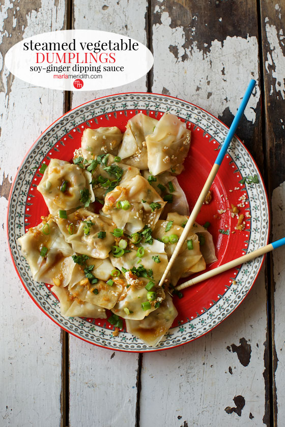 Steamed Vegetable Dumplings with Soy Ginger Dipping Sauce #recipe MarlaMeridith.com #meatlesmonday #recipe