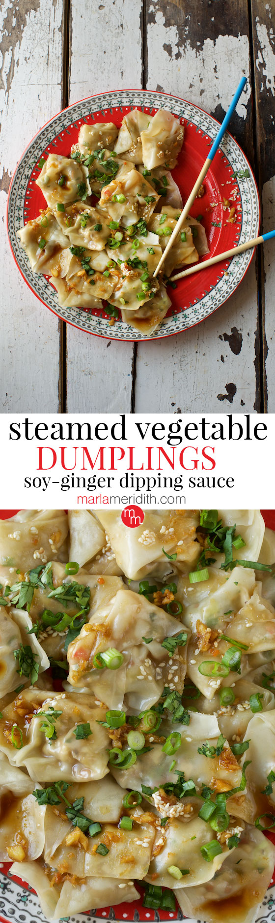 Steamed Vegetable Dumplings with Ginger-Soy Dipping Sauce recipe. Forget the take-out, these are way better! MarlaMeridith.com ( @marlameridith )