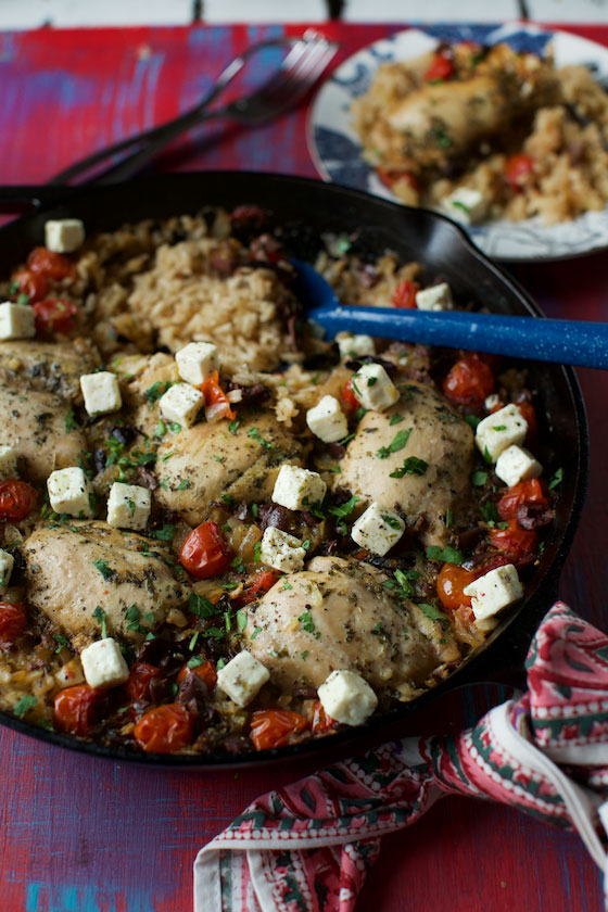 Skillet Greek Chicken & Rice recipe. A one-pot meal that really satisfies! MarlaMeridith.com ( @marlameridith )