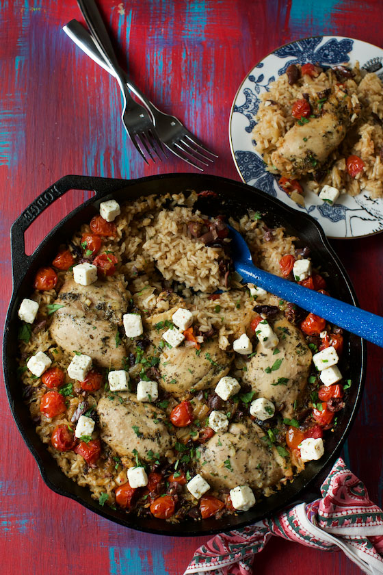 One Pot Skillet Greek Chicken with Rice recipe