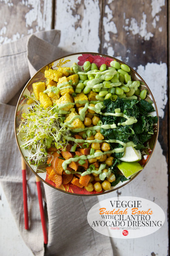 Veggie Buddha Bowls with Cilantro Avocado Dressing are the answer to #meatlessmonday MarlaMeridith.com #recipe