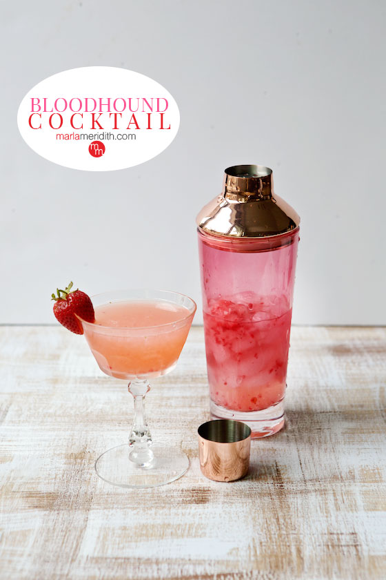 Bloodhound Cocktail: A simple combination of fresh, muddled strawberries, gin and vermouth. Get the recipe on MarlaMeridith.com