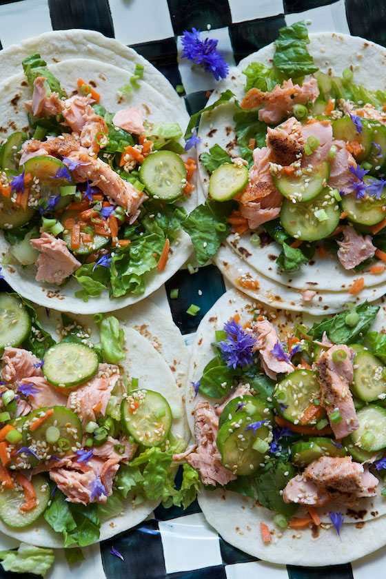 Salmon tacos with sesame cucumber salad