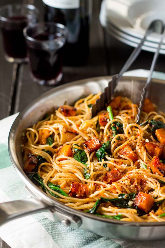 Pumpkin Spinach and Walnut Spaghetti recipe