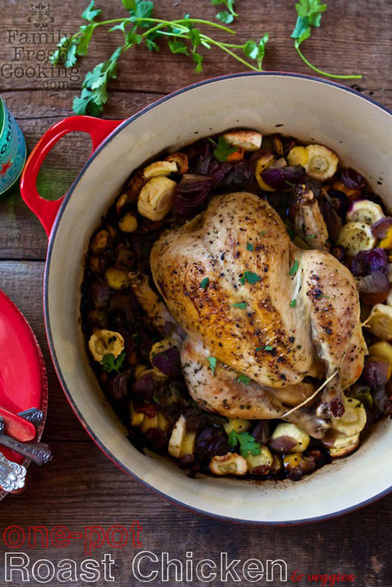 One Pot Roasted Chicken and Vegetables recipe. An easy dinner for the entire family. MarlaMeridith.com	
