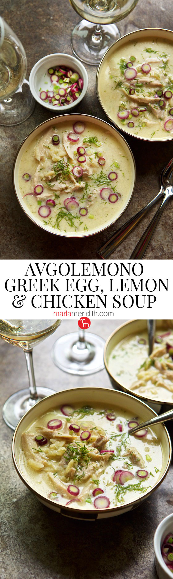 Avgolemono Soup (Greek Egg, Lemon & Chicken Soup) recipe| MarlaMeridith.com #soup #recipe #food
