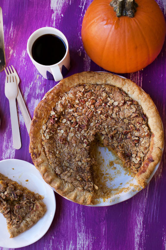 Maple Pumpkin Pie with Pecan Streusel Topping recipe | MarlaMeridith.com #pie #pumpkin #recipe #thanksgiving