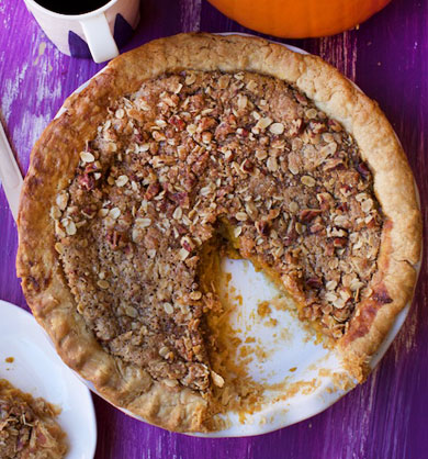 Maple Pumpkin Pie with Pecan Streusel Topping recipe | MarlaMeridith.com #pie #pumpkin #recipe #thanksgiving