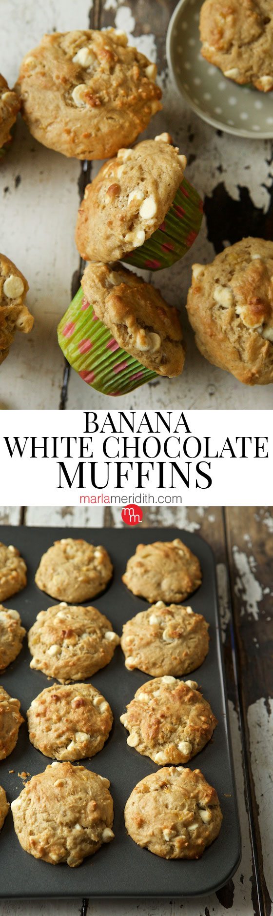 Banana White Chocolate Chip Muffins recipe. From start to finish in just 30 minutes! MarlaMeridith.com #baking #muffins #recipe #chocolate 