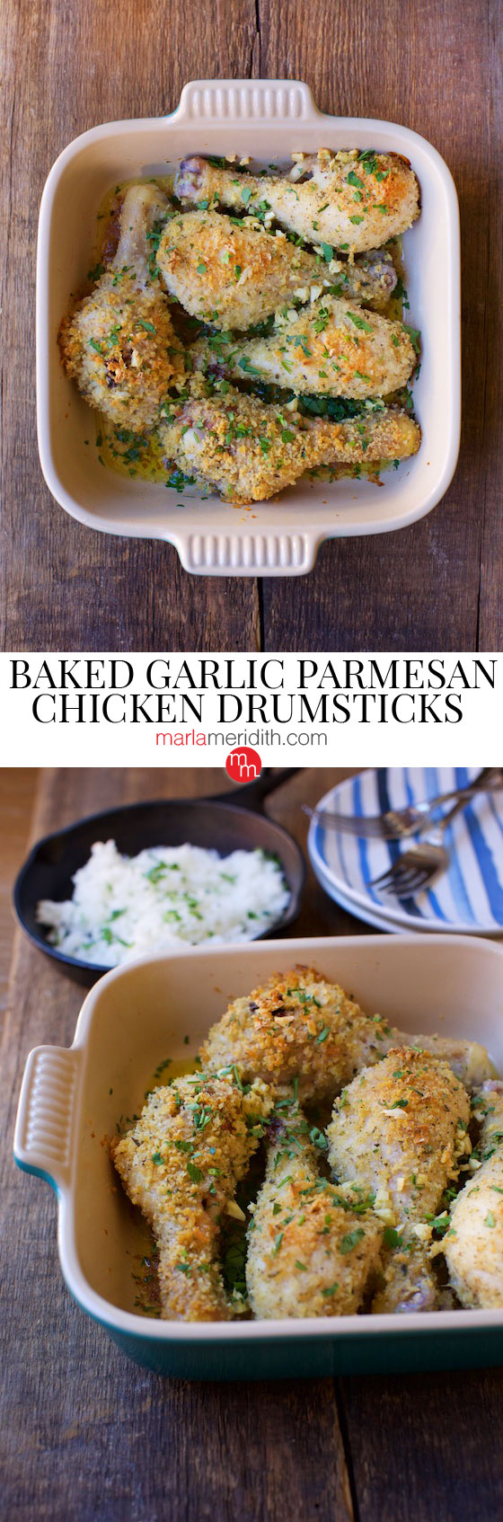 Baked Garlic Parmesan Chicken Drumsticks recipe. Kids & adults LOVE these! MarlaMeridith.com #chicken #recipe
