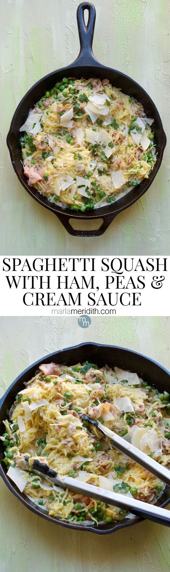 Spaghetti Squash with Ham, Peas & Cream Sauce #recipe A delcious #glutenfree alternative to pasta!
