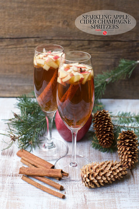 Sparkling Apple Cider Champagne Spritzers. Try this festive cocktail for any holiday celebration! MarlaMeridith.com