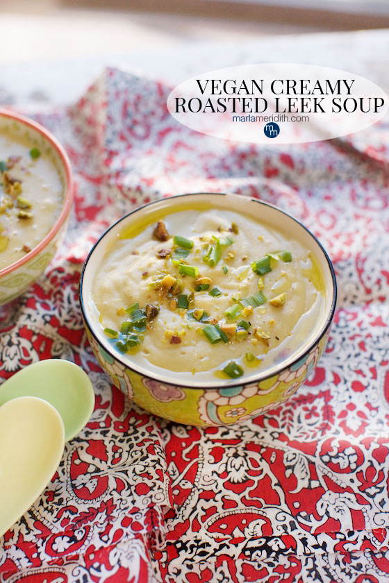 This Vegan Creamy Roasted Leek Soup recipe os so delish! MarlaMeridith.com