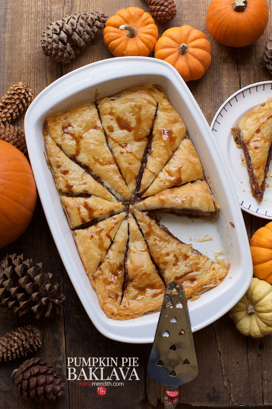 Pumpkin Pie Baklava recipe. A delicious holiday dessert! MarlaMeridith.com #recipe #pumpkin #thanksgiving