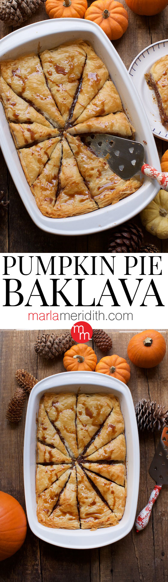 Pumpkin Pie Baklava recipe. A delicious holiday dessert! MarlaMeridith.com #recipe #pumpkin #thanksgiving