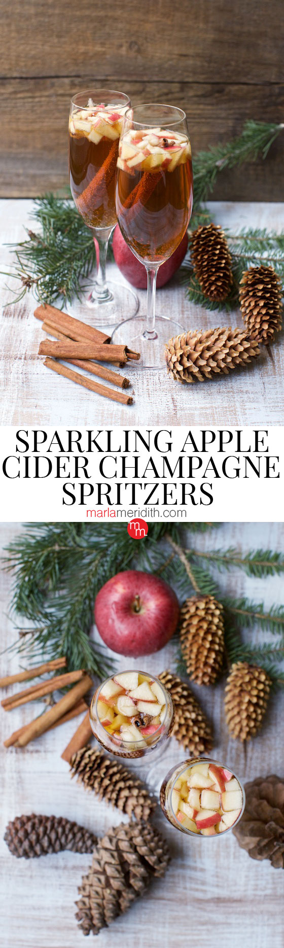 Sparkling Apple Cider Champagne Spritzers recipe. The only cocktail you need for the holidays! MarlaMeridith.com #champagne #cocktail #recipe