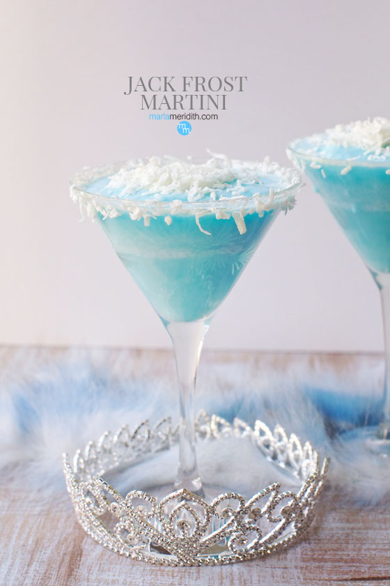 Serve this beautiful blue Jack Frost Martini at your holiday celebrations! MarlaMeridith.com #cocktail #christmas #martini