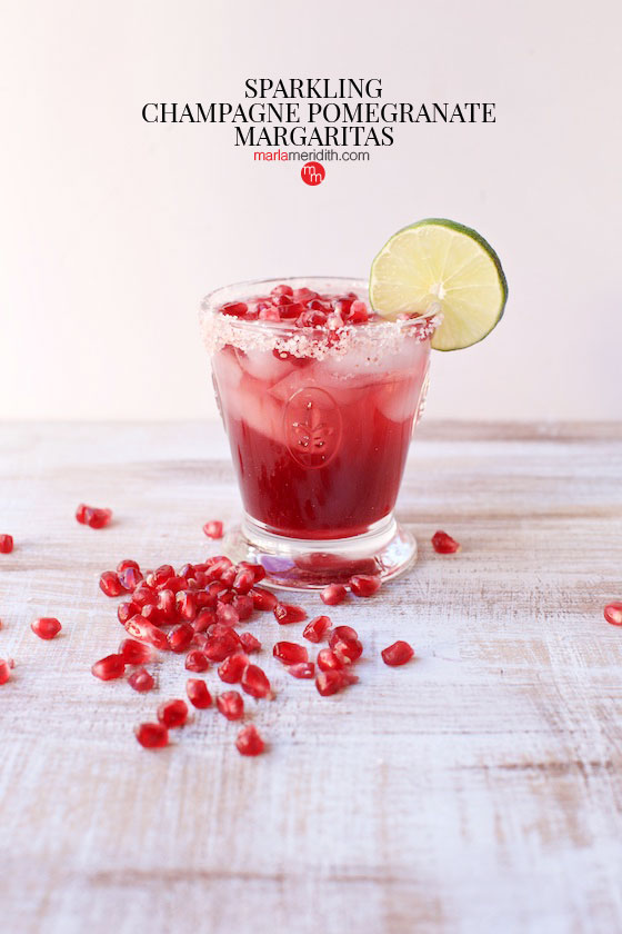 Sparkling Champagne Pomegranate Margaritas recipe. WOW your friends with this beautiful cocktail! MarlaMeridith.com #cocktail #recipe #margarita