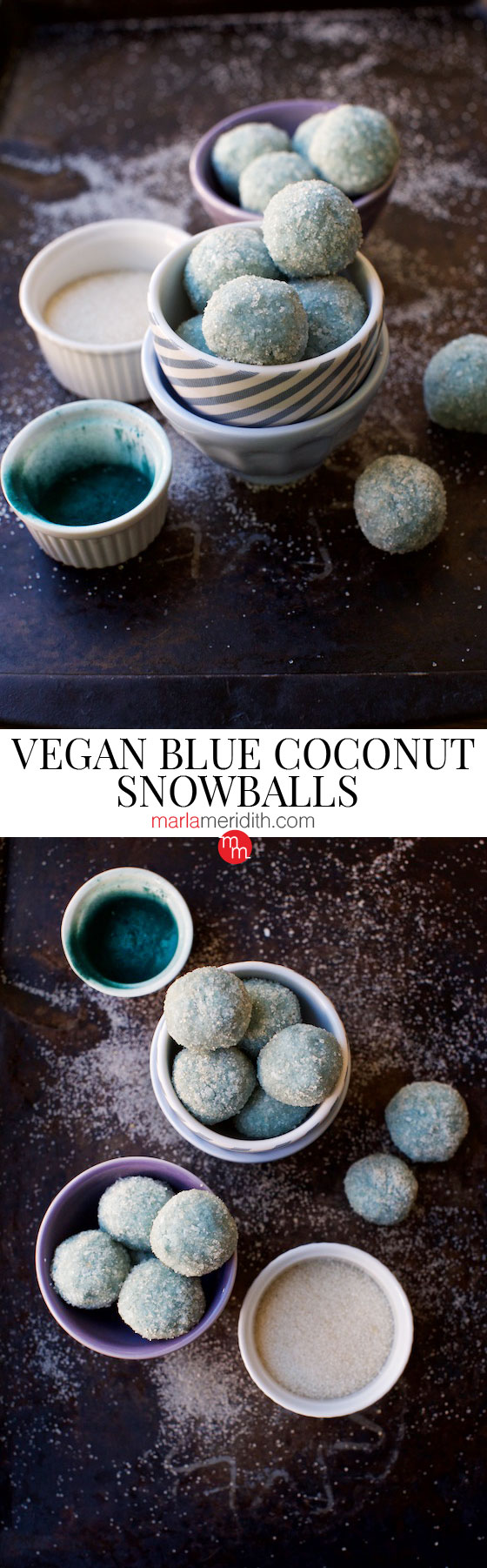 Vegan Blue Coconut Snowballs recipe. A delicious no-bake treat for the holidays or anytime! MarlaMeridith.com ( @marlameridith ) #recipe #vegan #coconut