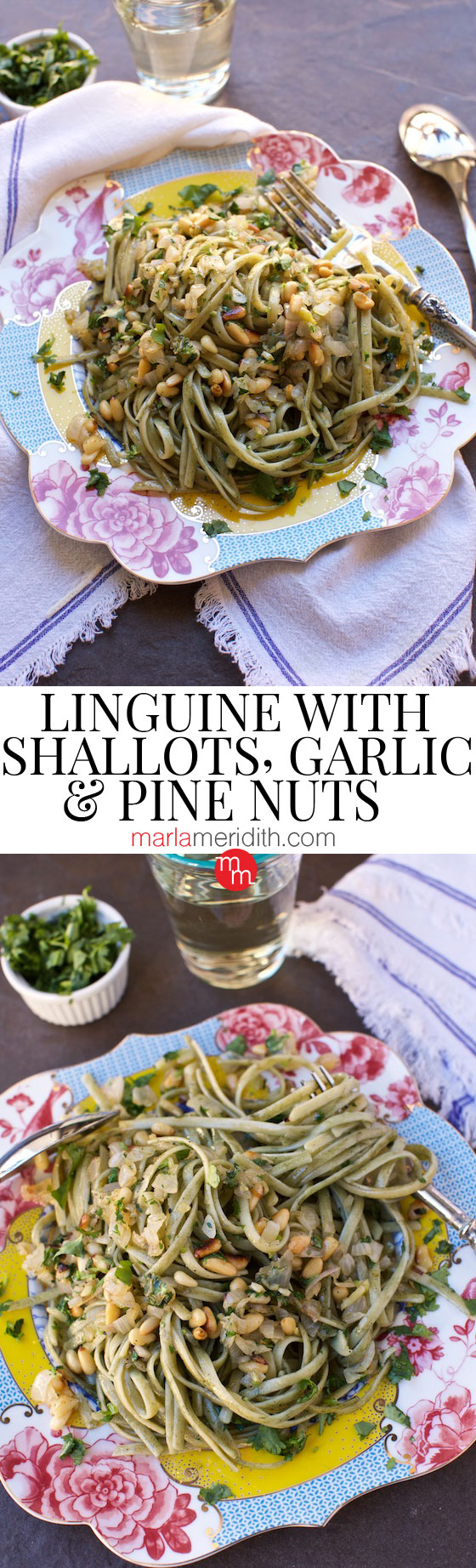 Linguine with Shallots, Garlic and Pine Nuts recipe. This vegan dish can be on the table in less than 20 minutes! marlameridith.com ( @marlameridith )