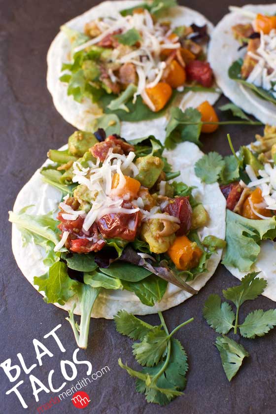These BLAT Tacos (Bacon, Lettuce, Tomato, Avocado) are perfect for game day and busy weeknights! MarlaMeridith.com #recipe #tacos #mexican