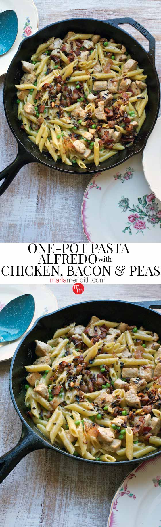 One-Pot Pasta Alfredo with Chicken, Bacon & Peas recipe. So simple to prepare and delicious! MarlaMeridith.com #recipe #pasta