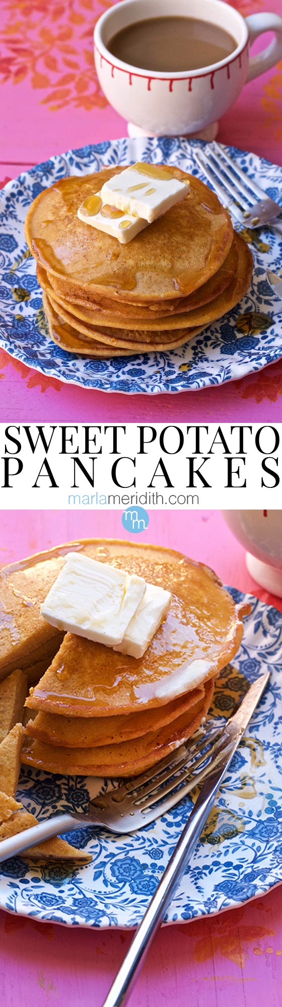 Get this delicious recipe for Sweet Potato Pancakes on MarlaMeridith.com #recipe #pancakes