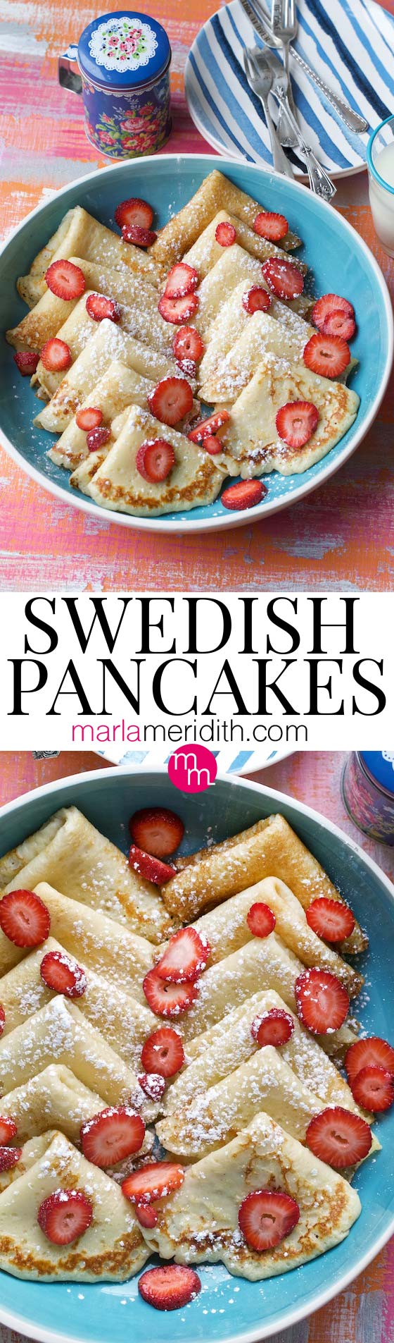 Swedish Pancakes are so delicious! Get the simple recipe and make some today! MarlaMeridith.com #recipe #pancakes