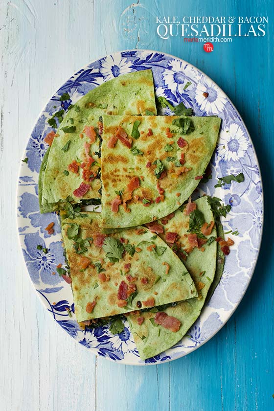 Kale, Bacon & Cheddar Quesadillas recipe on MarlaMeridith.com #recipe #bacon #quesadillas