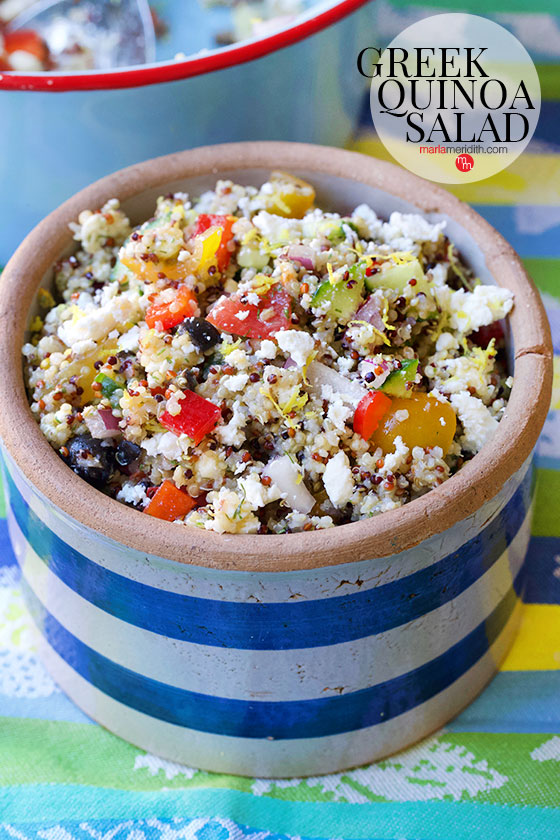 Serve this delicious Greek Quinoa Salad as a side or main. Add chickpeas, chicken, steak or salmon for a heartier entree. Get the recipe on MarlaMeridith.com