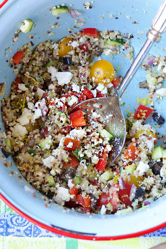 Serve this delicious Greek Quinoa Salad as a side or main. Add chickpeas, chicken, steak or salmon for a heartier entree. Get the recipe on MarlaMeridith.com