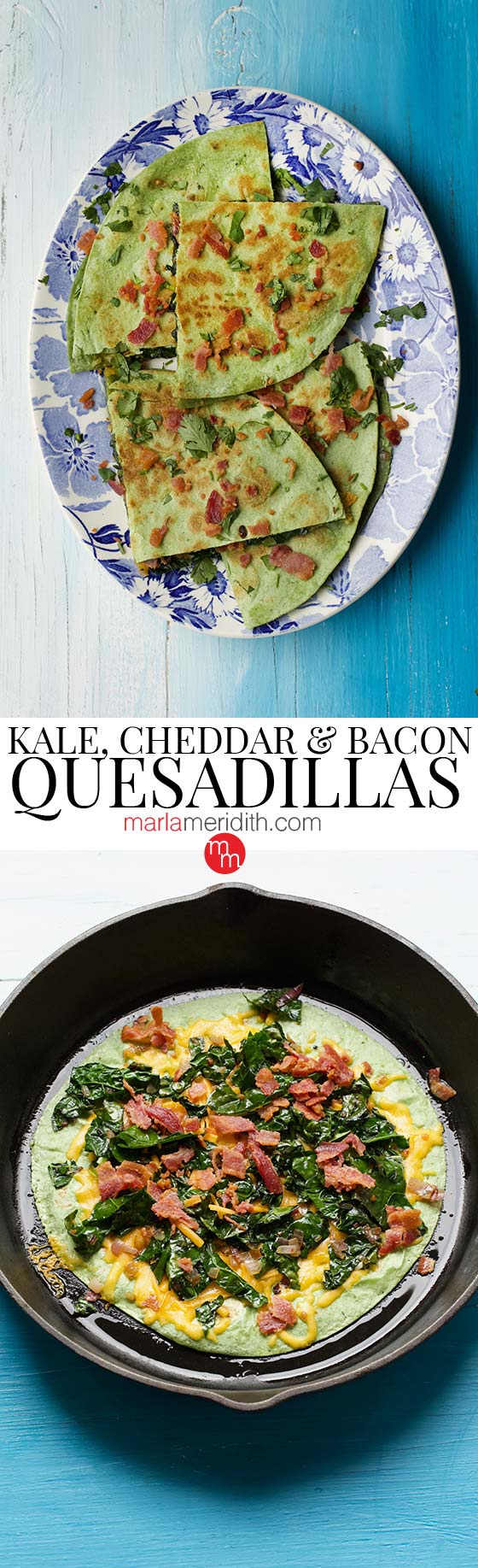 Kale, Bacon & Cheddar Quesadillas recipe on MarlaMeridith.com #recipe #bacon #quesadillas